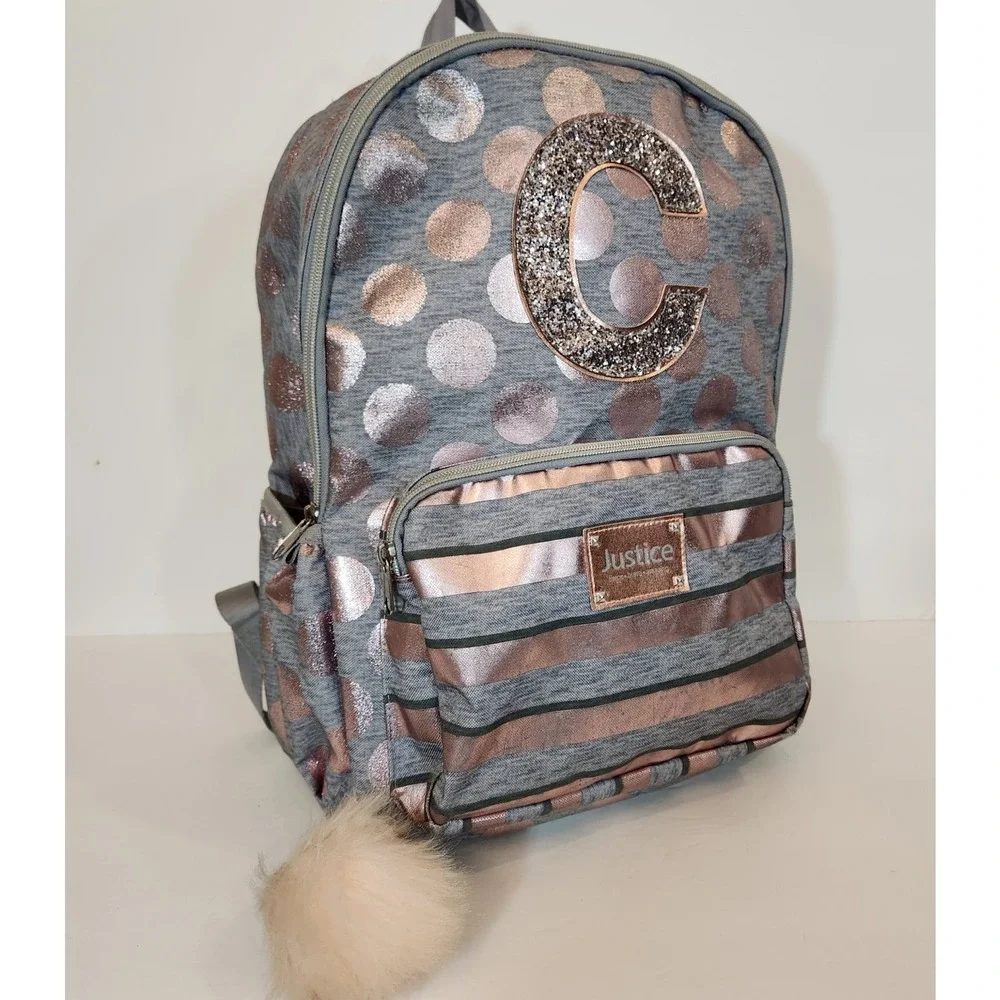 JUSTICE Initial C Backpack Kids OS Grey Rose Gold Polka Dot Stripe School Bag